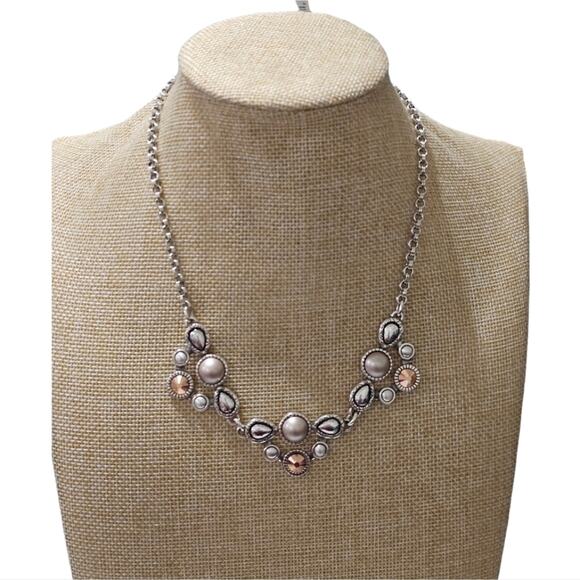 Brighton Pastille Jeweled Collar Bibb Gold Pearl and Silver Necklace New - Picture 2 of 10